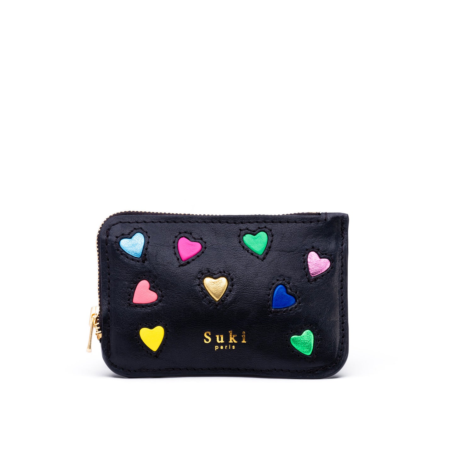 Atelier de maroquinerie à Paris. Porte-monnaie en cuir ornementé de petits coeurs multi couleurs en agneau. Made in France. Accessoire créateur parisien au design unique fabriqué en France, parfait pour les coeurs addicts. Petite maroquinerie française chic et pratique pour une mode locale et engagée. Idée cadeau pour homme et femme, accessoire personnalisable. Boutique de maroquinerie paris 17. Exclusivité web. Mode au prix juste.