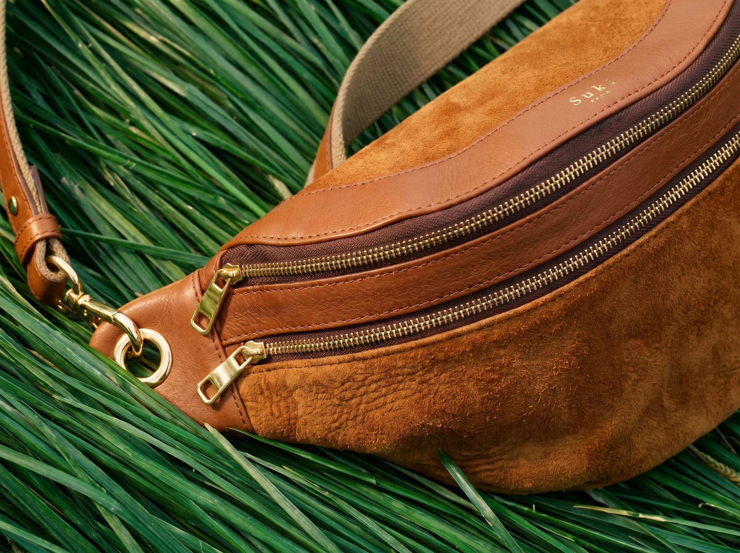Sac banane Pandora en cuir camel — cuir tannage végétal, atelier Suki Paris