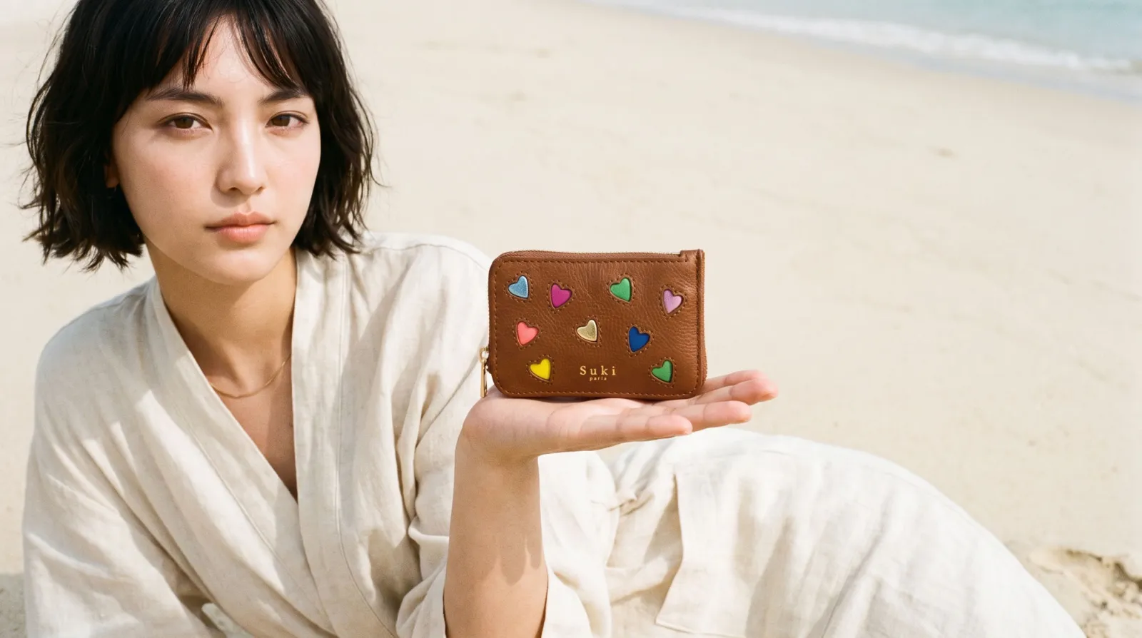Porte-monnaie Suki aux cœurs multicolores, présenté à la main sur une plage