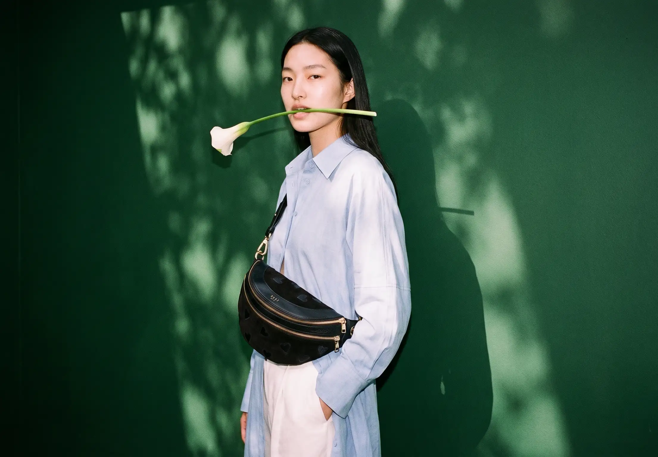 Suki Paris collection on the green wall — three colours, one leather
