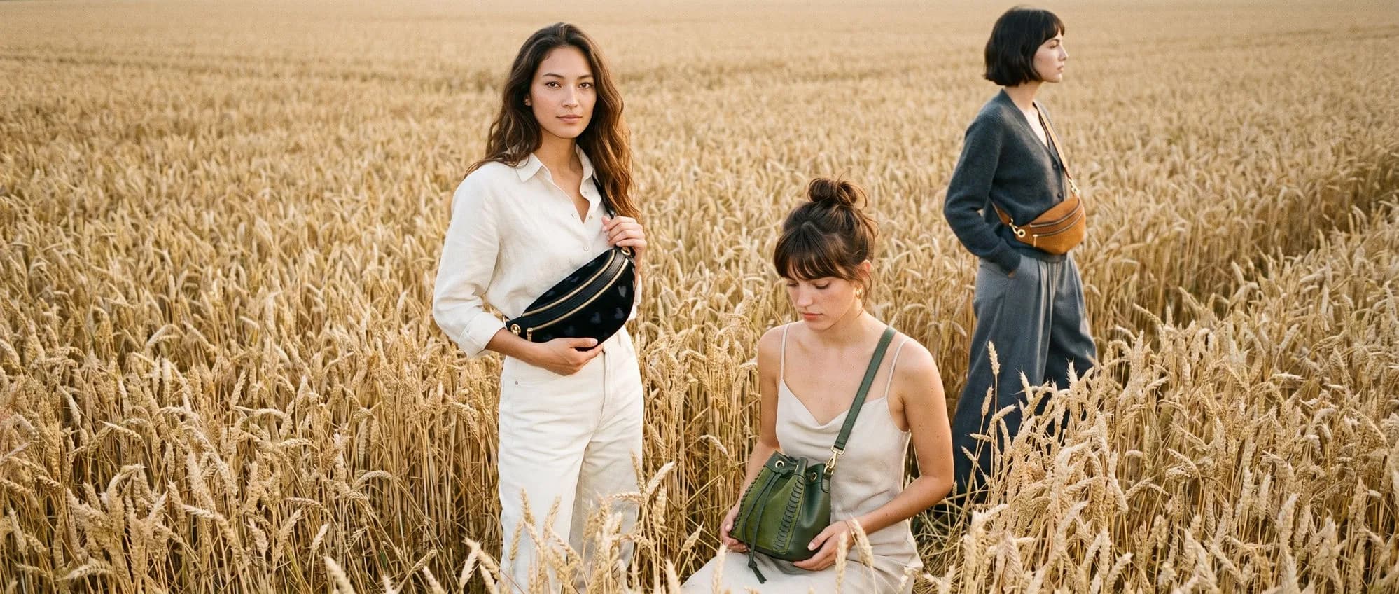 Sacs Suki Paris en cuir dans un champ de blé : sac banane noir et camel portés en bandoulière crossbody, sac seau vert forêt