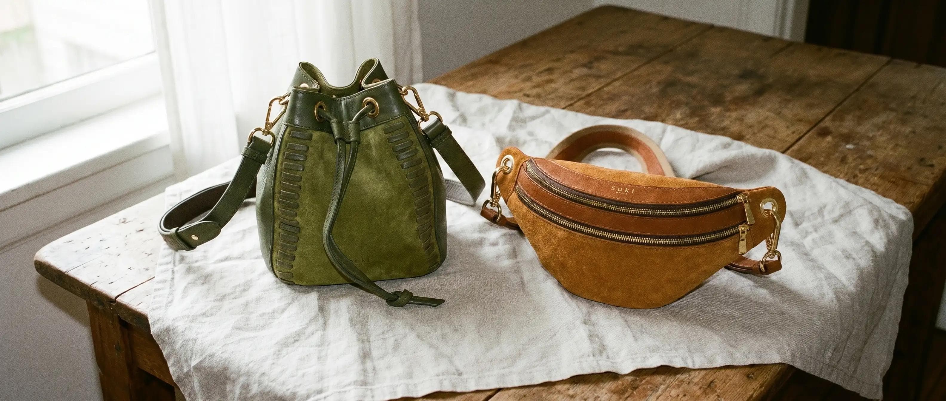 Full-grain vegetable-tanned leather at Suki Paris workshop, natural grain visible
