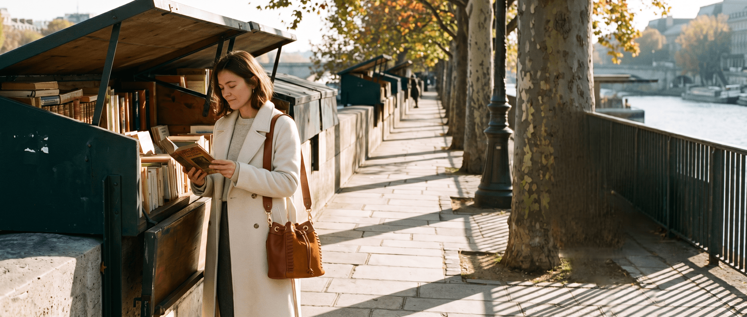 Femme devant un bouquiniste des quais de Seine à Paris en automne, sac seau en cuir Altaï camel Suki Paris