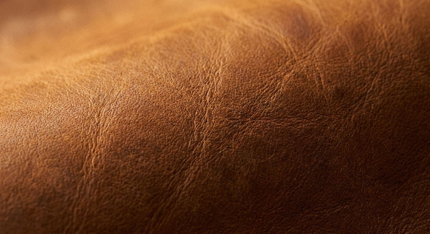 Gros plan sur le grain d'un cuir pleine fleur à tannage végétal, teinte caramel